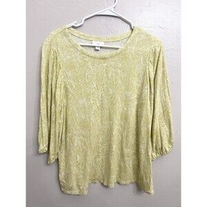 J Jill Large Yellow Linen Blend Floral Blouse Boxy Puff Sleeve Coastal Lagenlook